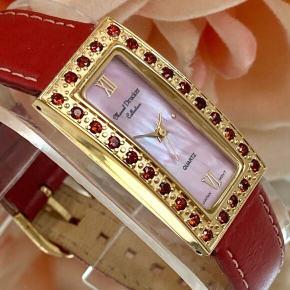 Marcel Drucker Red Gemstone Bezel Tank Style Watch with Pink MOP Dial - Picture 4 of 16